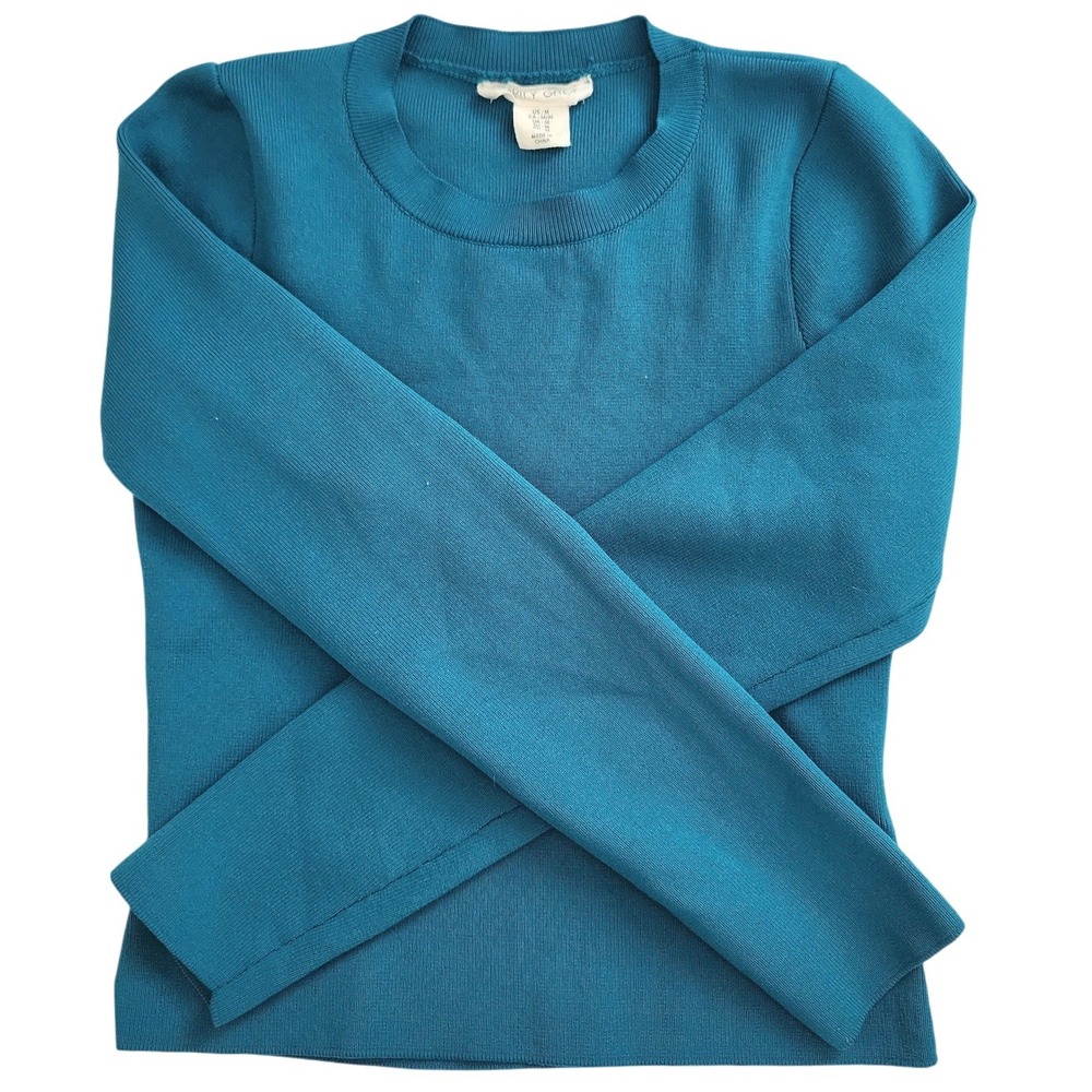 Daily Grey Womens Teal Blue Ribbed Knit Crew Neck Long Sleeve Sweater‎ Size M